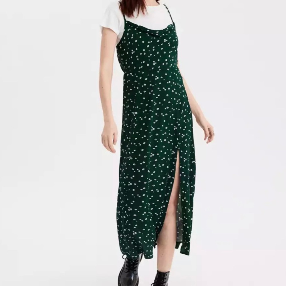 American Eagle Green Cowl Neck Midi Spaghetti Strap Dress with White Flowers